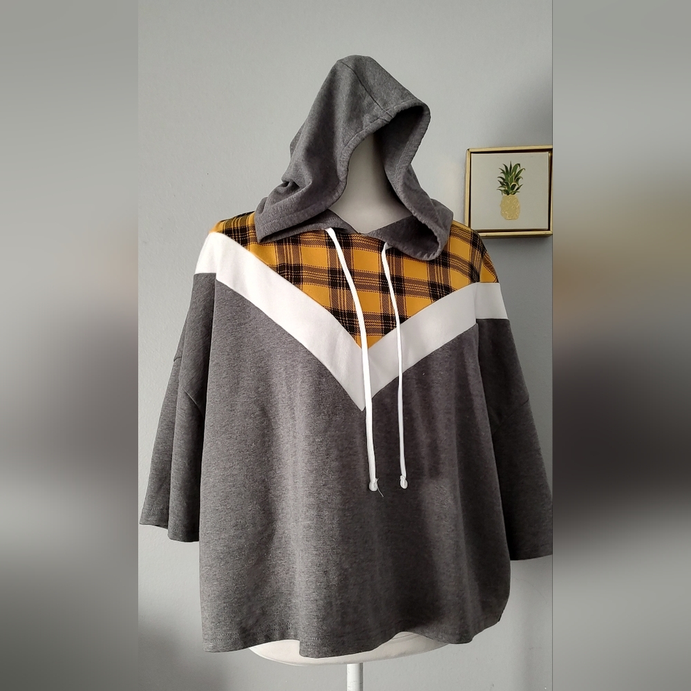 Active Women Hoodie Flirtitude Gray Yellow Plaid Cropped Top XL New